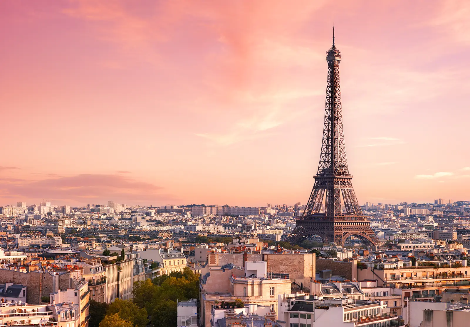 Paris skyline with the Eiffel Tower at sunset