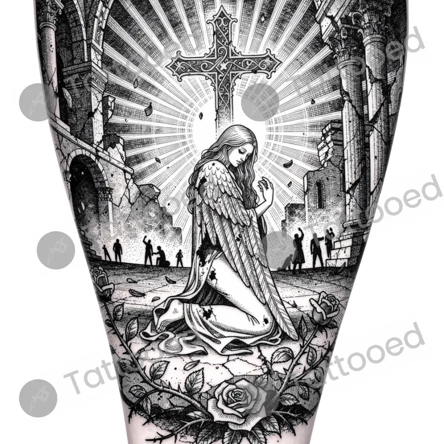 Fallen Angel with Wings, fine line tattoo flash design