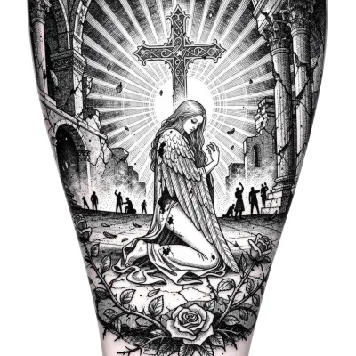 Fallen Angel with Wings, Fine Line tattoo flash design