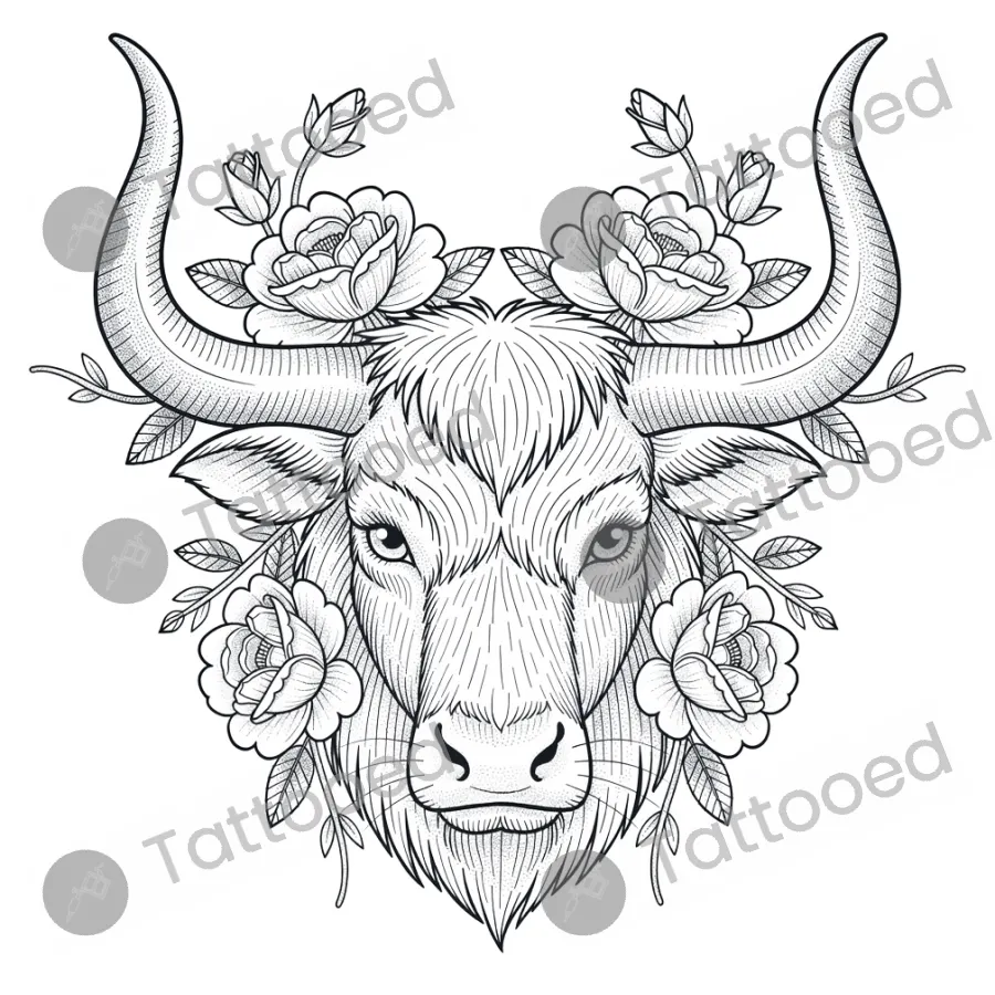 Taurus Bull, fine line tattoo flash design