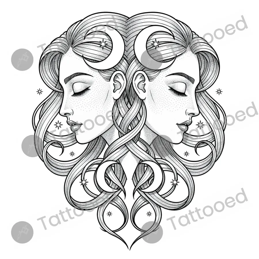 Gemini Twins, fine line tattoo flash design
