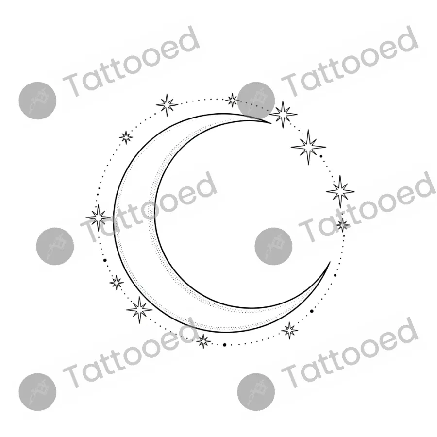 Crescent Moon & Stars, fine line tattoo flash design