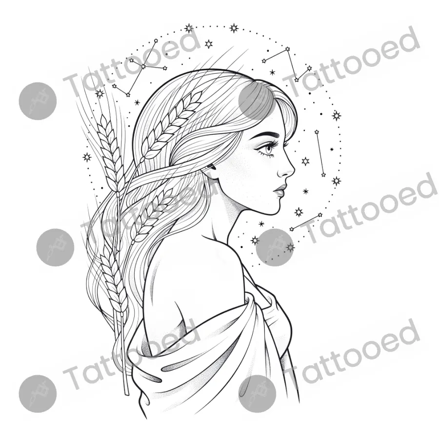 Virgo Maiden, fine line tattoo flash design