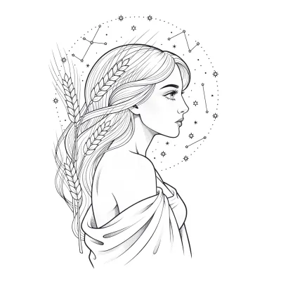 Virgo Maiden, Fine Line tattoo flash design