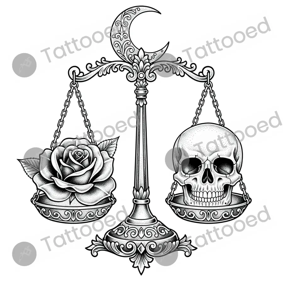 Libra Scales, fine line tattoo flash design