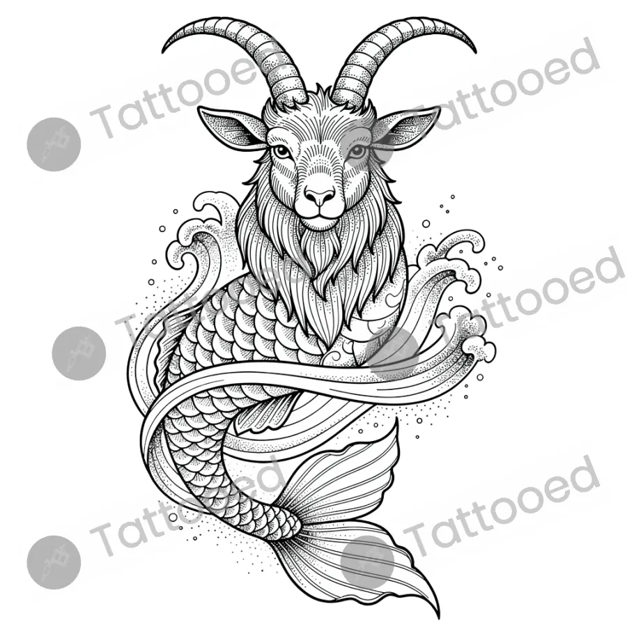 Capricorn Sea-Goat, fine line tattoo flash design
