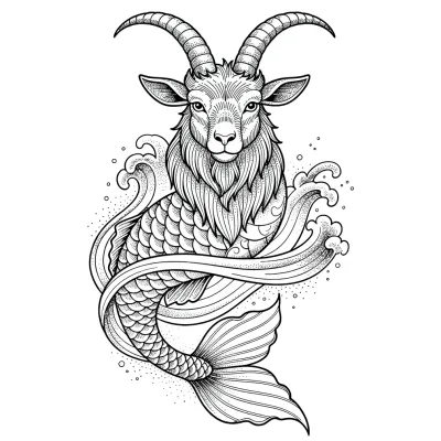 Capricorn Sea-Goat, Fine Line tattoo flash design