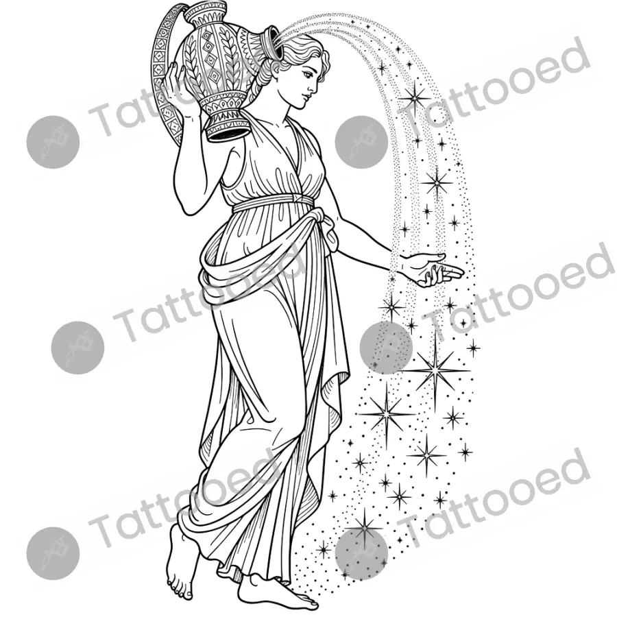 Aquarius Water Bearer, fine line tattoo flash design