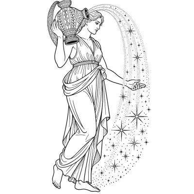 Aquarius Water Bearer, Fine Line tattoo flash design