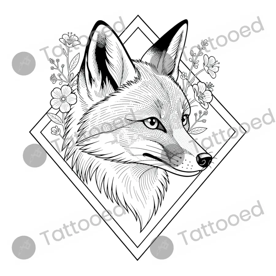 Fox, fine line tattoo flash design