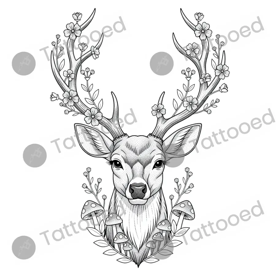 Deer with Antlers, fine line tattoo flash design