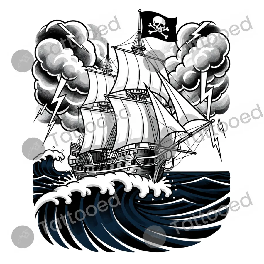 Pirate Ship, neo-traditional tattoo flash design