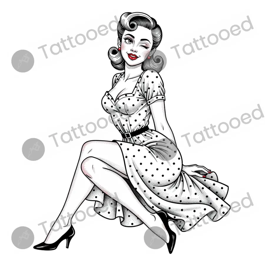 Pin-Up, fine line tattoo flash design