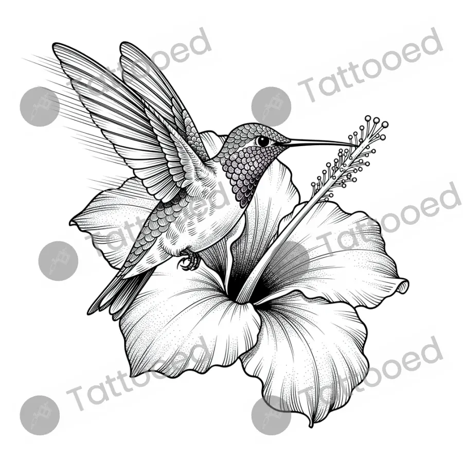 Hummingbird, fine line tattoo flash design
