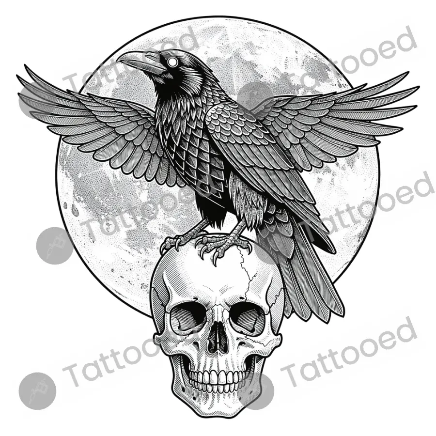Raven, fine line tattoo flash design