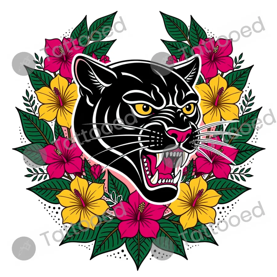 Neo-Traditional Panther Color, neo-traditional tattoo flash design