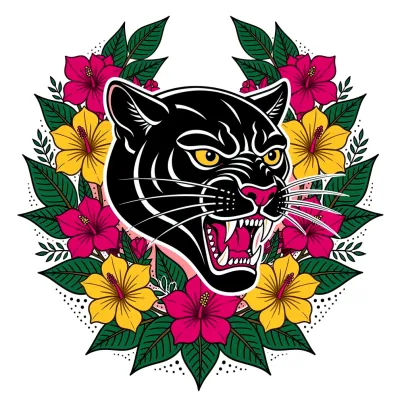 Neo-Traditional Panther Color, Neo-Traditional tattoo flash design
