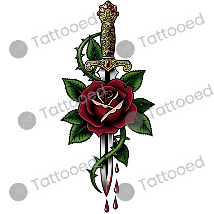 Neo-Traditional Dagger and Rose Color, neo-traditional tattoo flash design