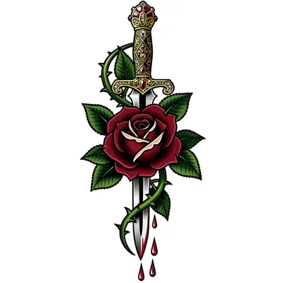 Neo-Traditional Dagger and Rose Color, Neo-Traditional tattoo flash design
