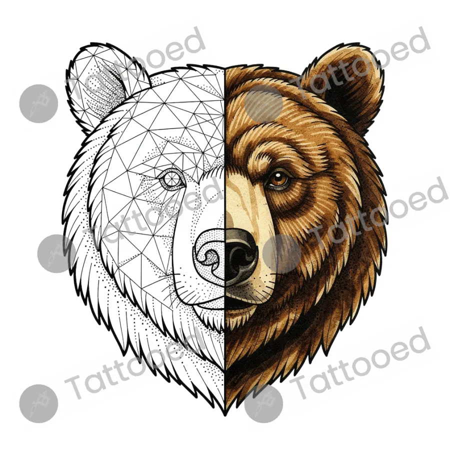 Geometric Bear, fine line tattoo flash design