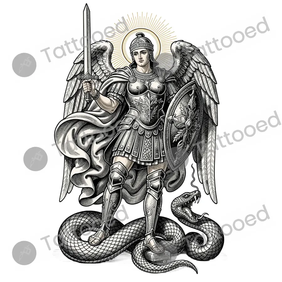 Saint Michael Trampling Serpent, fine line tattoo flash design