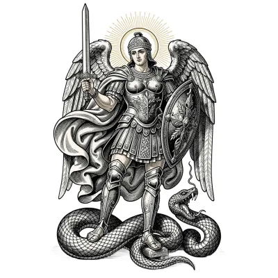 Saint Michael Trampling Serpent, Fine Line tattoo flash design
