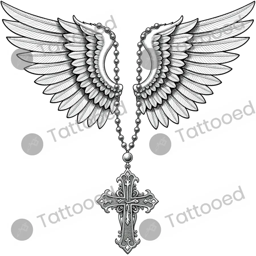 Wings and Rosary, fine line tattoo flash design