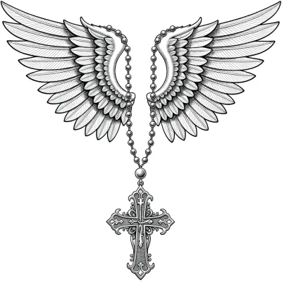 Wings and Rosary, Fine Line tattoo flash design