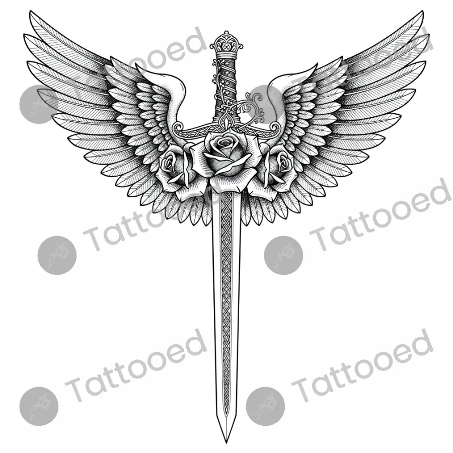 Wings and Sword, fine line tattoo flash design