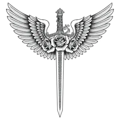 Wings and Sword, Fine Line tattoo flash design