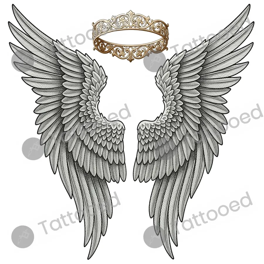 Wings with Halo, fine line tattoo flash design