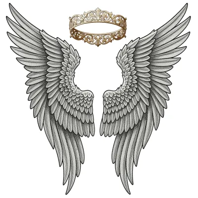 Wings with Halo, Fine Line tattoo flash design