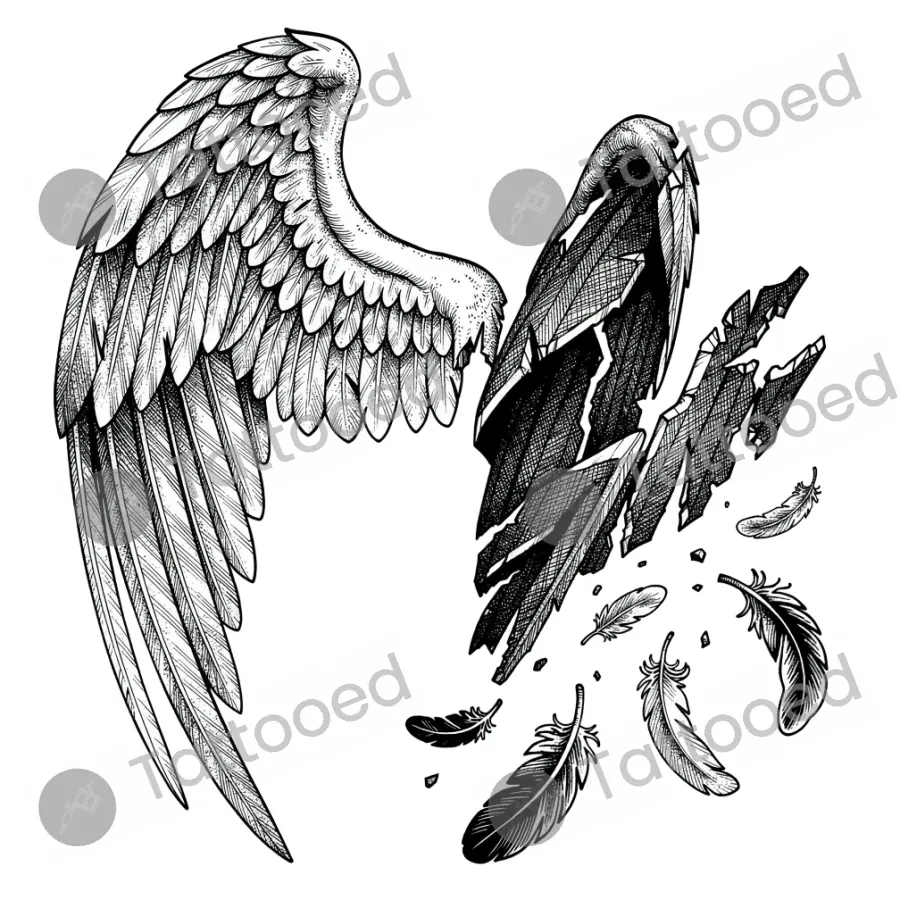 Fallen Angel Wings Dark, fine line tattoo flash design