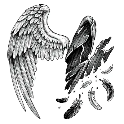 Fallen Angel Wings Dark, Fine Line tattoo flash design