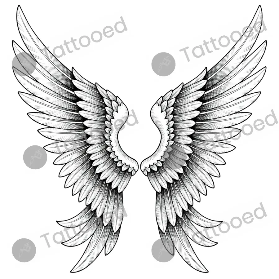 Symmetrical Angel Wings, fine line tattoo flash design