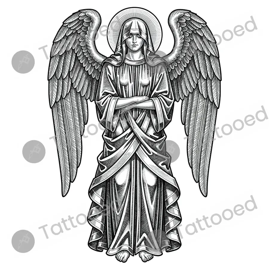 Seraphim Six Wings, fine line tattoo flash design