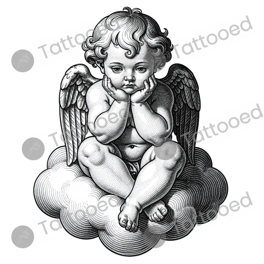 Cherub Putti, fine line tattoo flash design