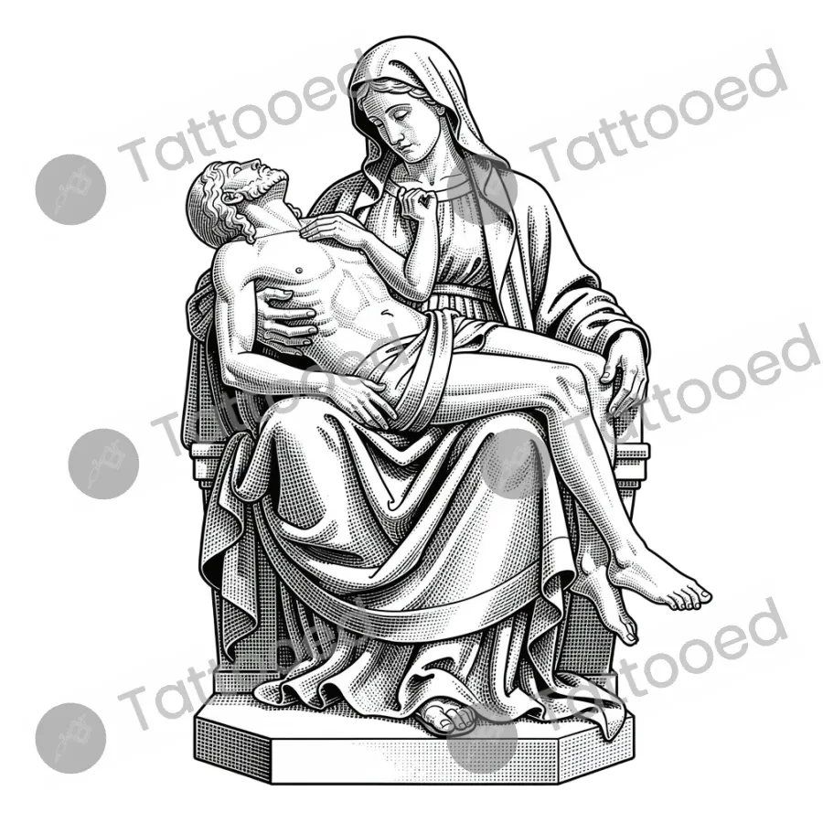 Pieta, fine line tattoo flash design