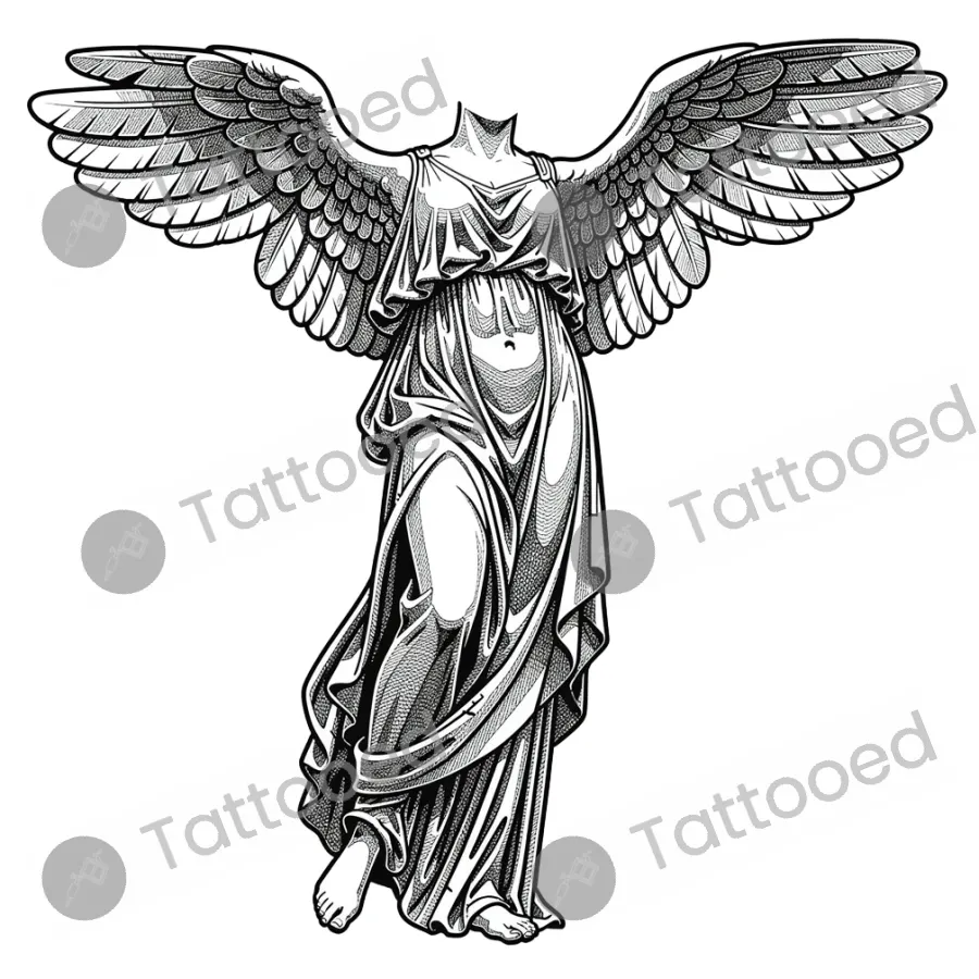 Winged Victory Nike, fine line tattoo flash design