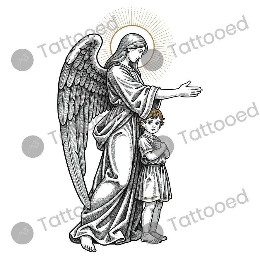 Guardian Angel, fine line tattoo flash design