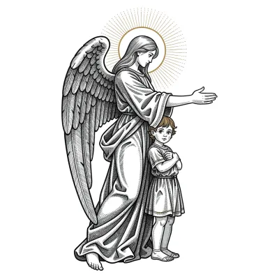 Guardian Angel, Fine Line tattoo flash design
