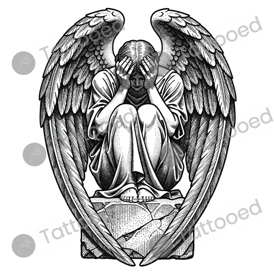 Weeping Angel, fine line tattoo flash design