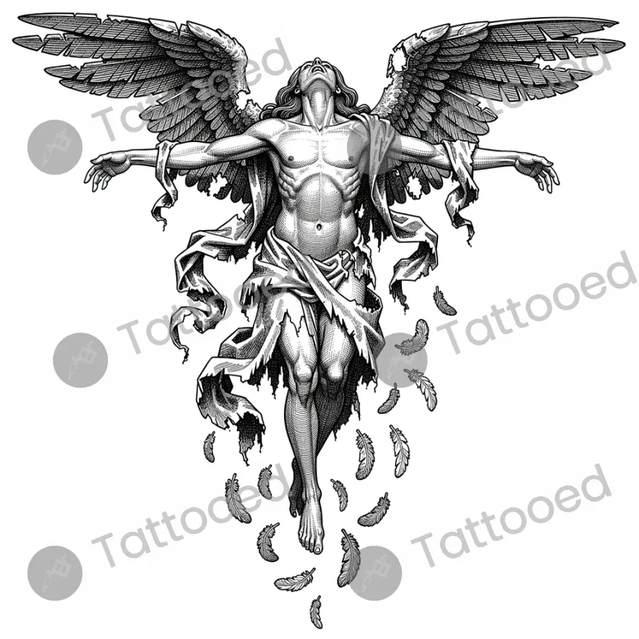 Fallen Lucifer, fine line tattoo flash design
