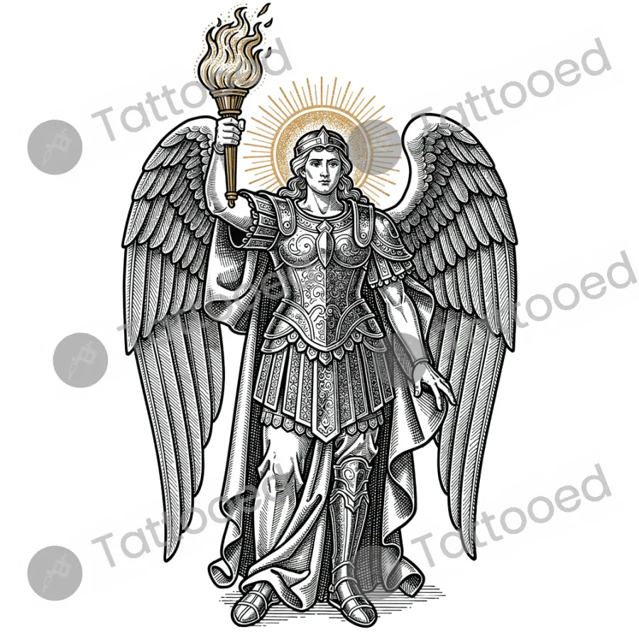 Archangel Uriel with Flame, fine line tattoo flash design