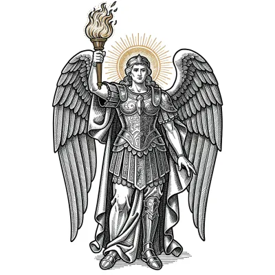 Archangel Uriel with Flame, Fine Line tattoo flash design