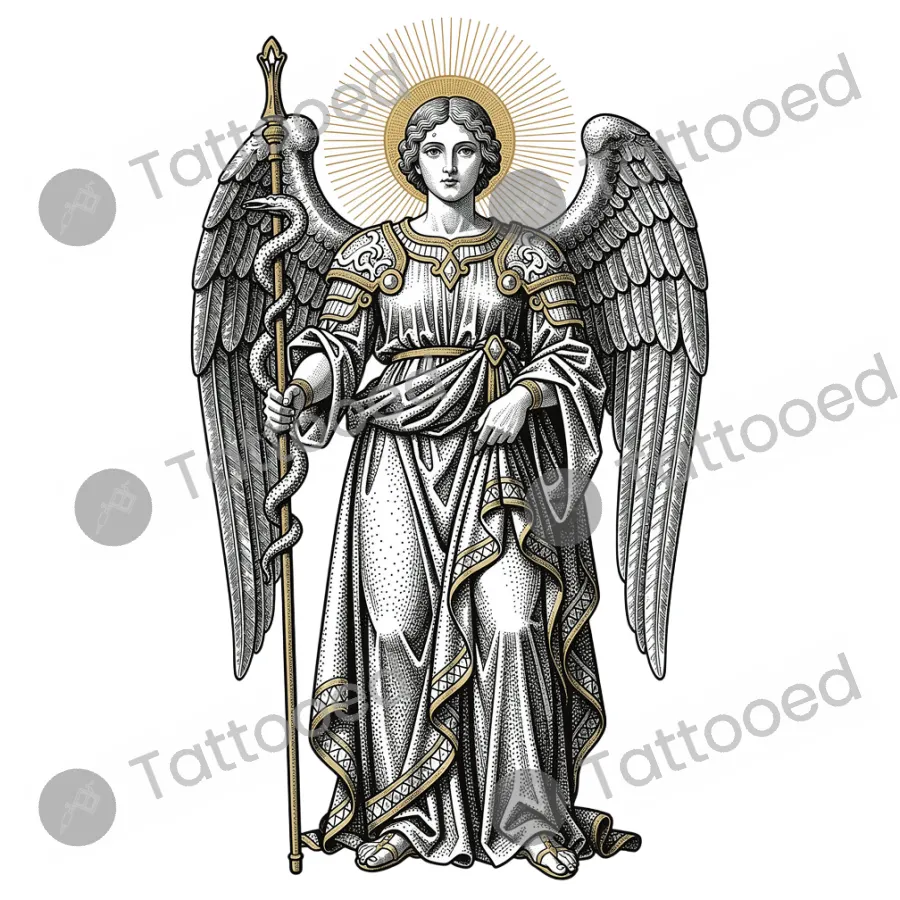 Archangel Raphael Healer, fine line tattoo flash design