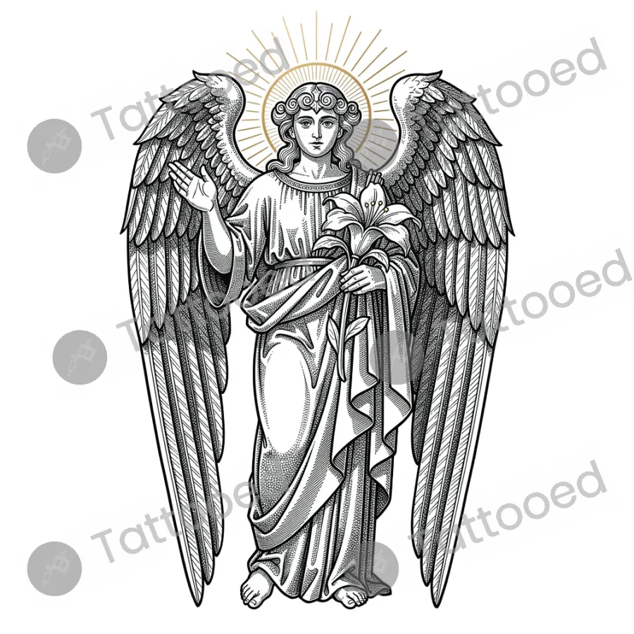 Archangel Gabriel with Lily, fine line tattoo flash design