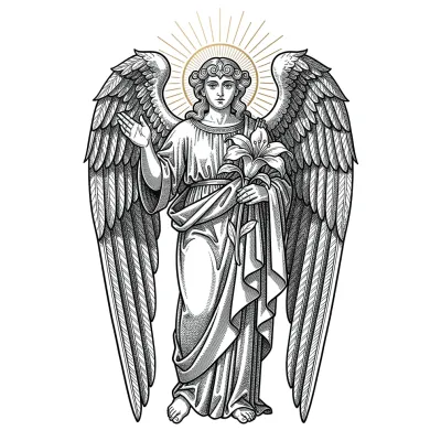 Archangel Gabriel with Lily, Fine Line tattoo flash design
