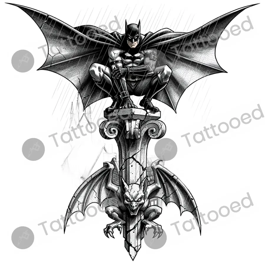 Caped Dark Knight, fine line tattoo flash design