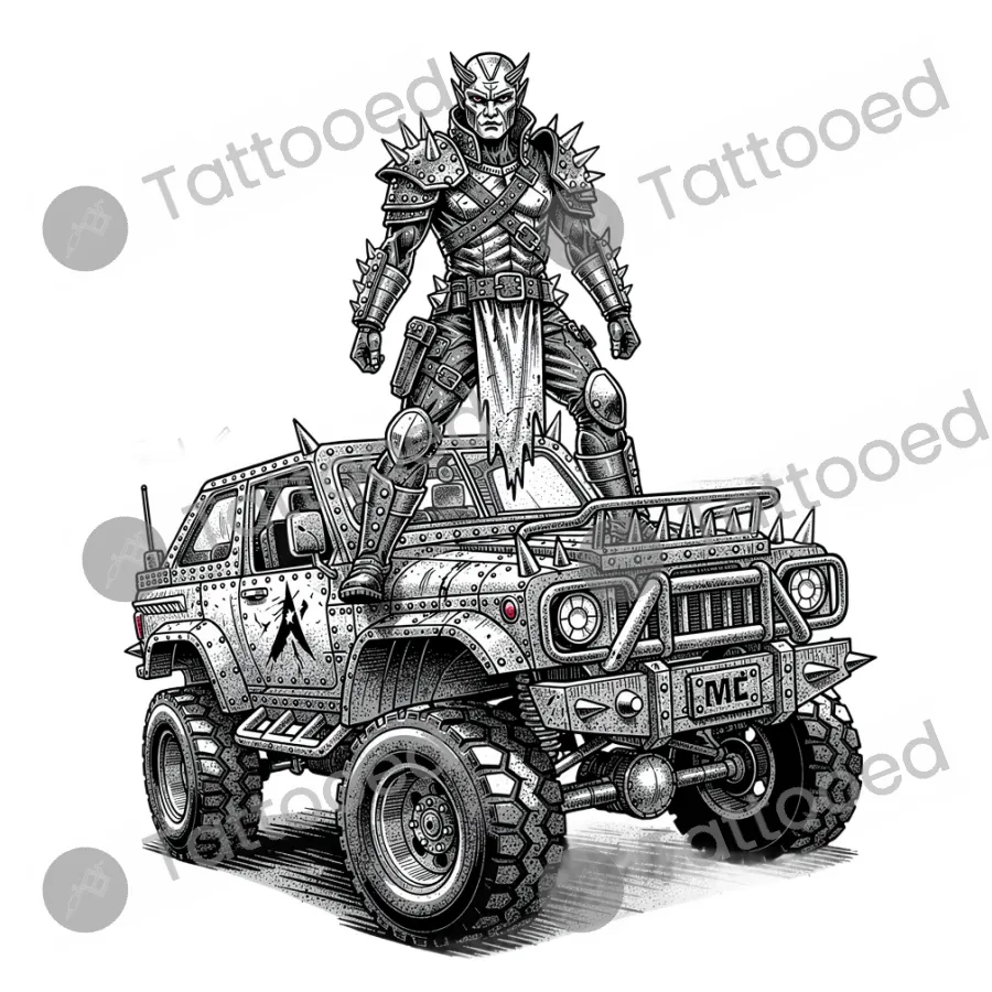Desert Apocalypse Warrior, fine line tattoo flash design